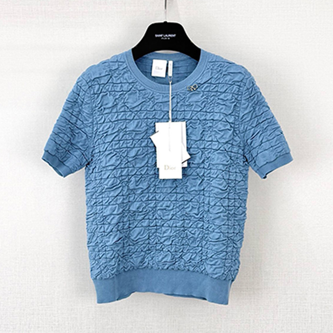 dior ruched texture crew neck knit short sleeve top